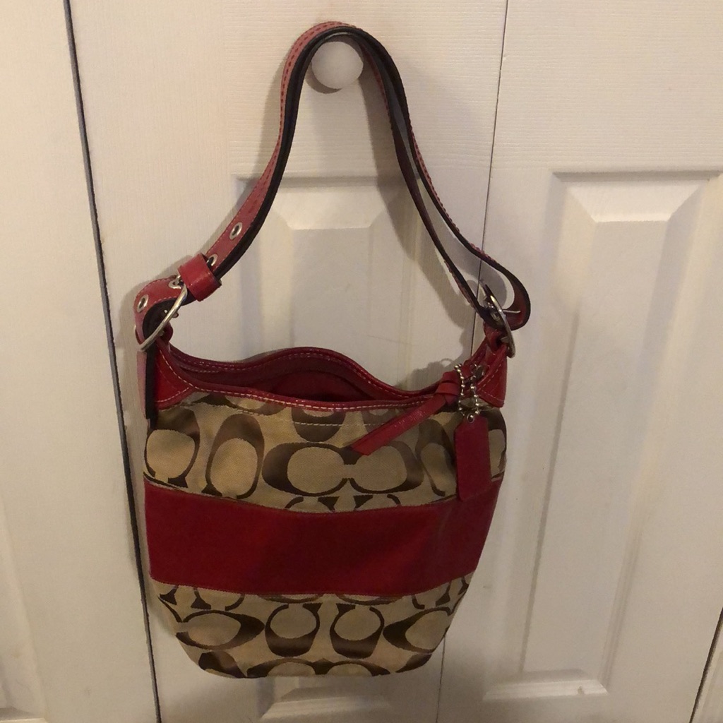 Coach Jacquard Bucket Bag With Red Patent Leather